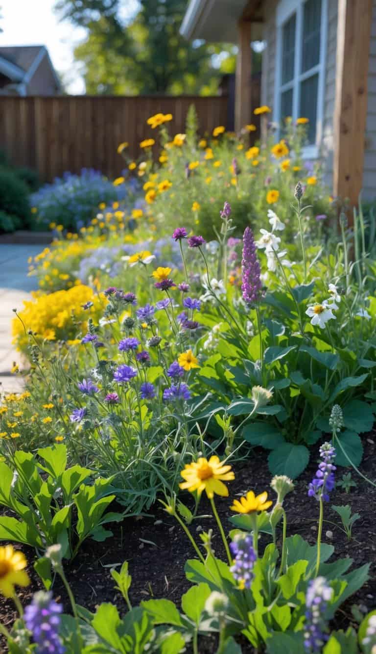 A semi-wide view of a home garden with a colorful wildflower bed filled with native plants under bright sunlight.