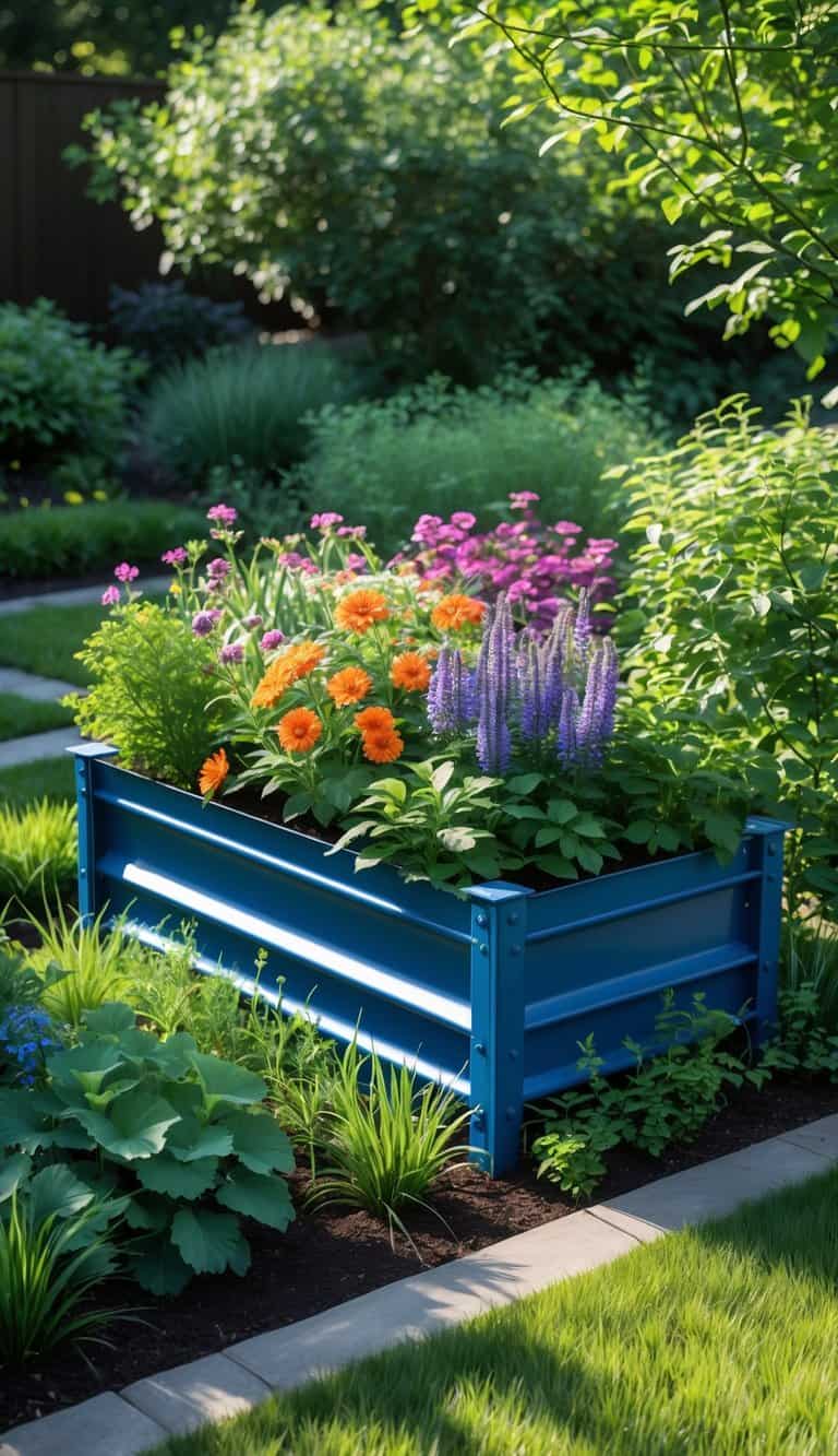 A blue metal raised flower bed filled with colorful flowers and green plants in a sunny home garden.