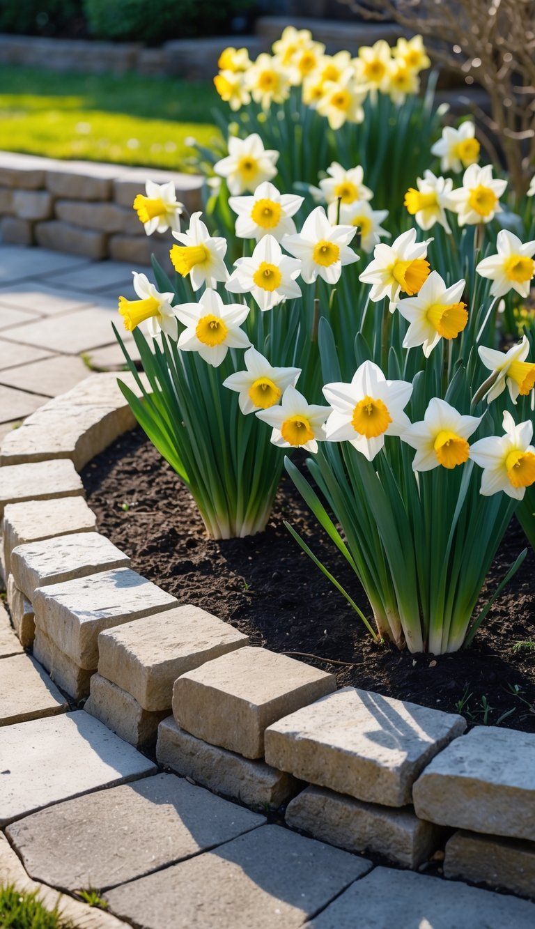 A garden bed of blooming white and yellow daffodils bordered by light stone bricks, with a paved walk in the foreground and greenery in the background.