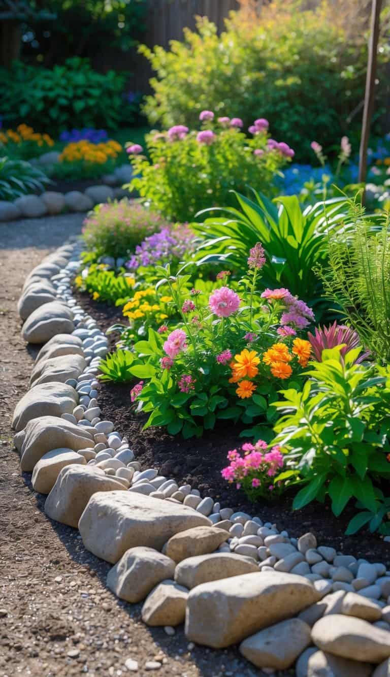 A home garden with a flower bed bordered by river rocks, filled with blooming flowers under bright sunlight.