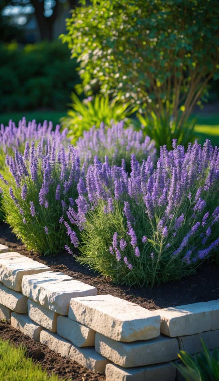 A raised stone flower bed filled with blooming lavender plants in a home garden under bright sunlight.