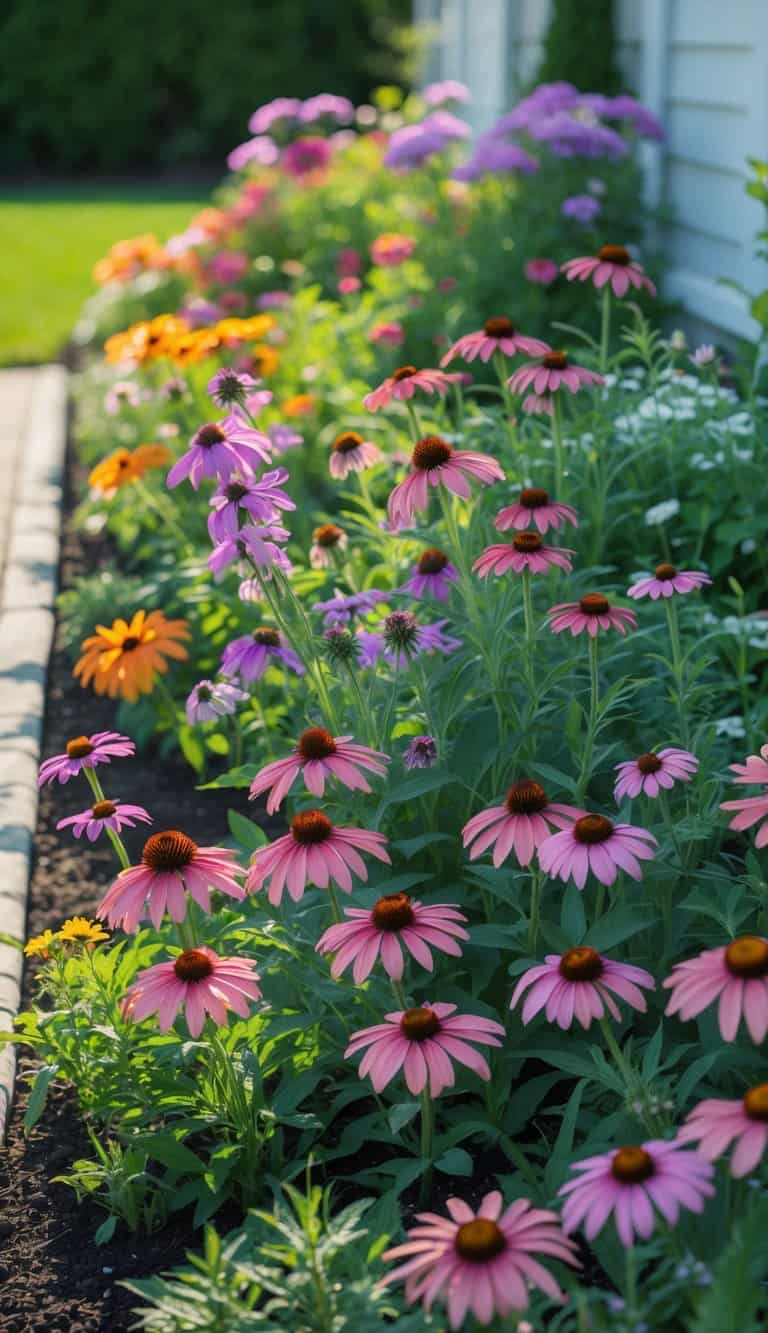 A home garden with a flower bed of echinacea and black-eyed susans under bright sunlight.