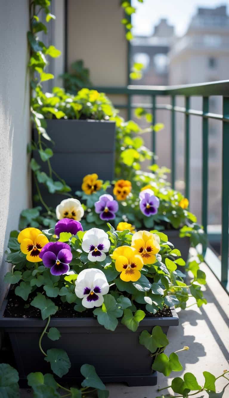 A small urban balcony flower bed with colorful pansies and green ivy under bright natural sunlight.