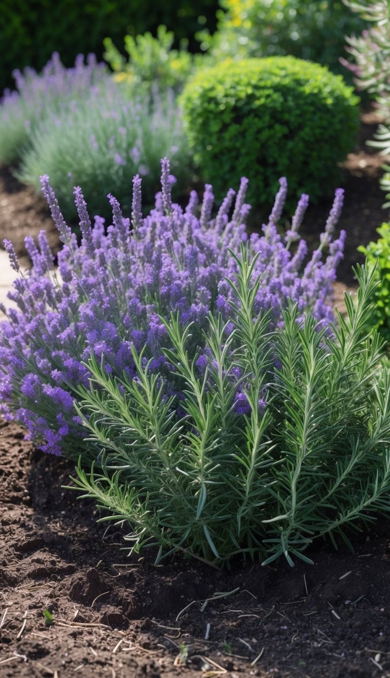 A home garden with a flower bed of blooming lavender and rosemary plants under bright natural sunlight.