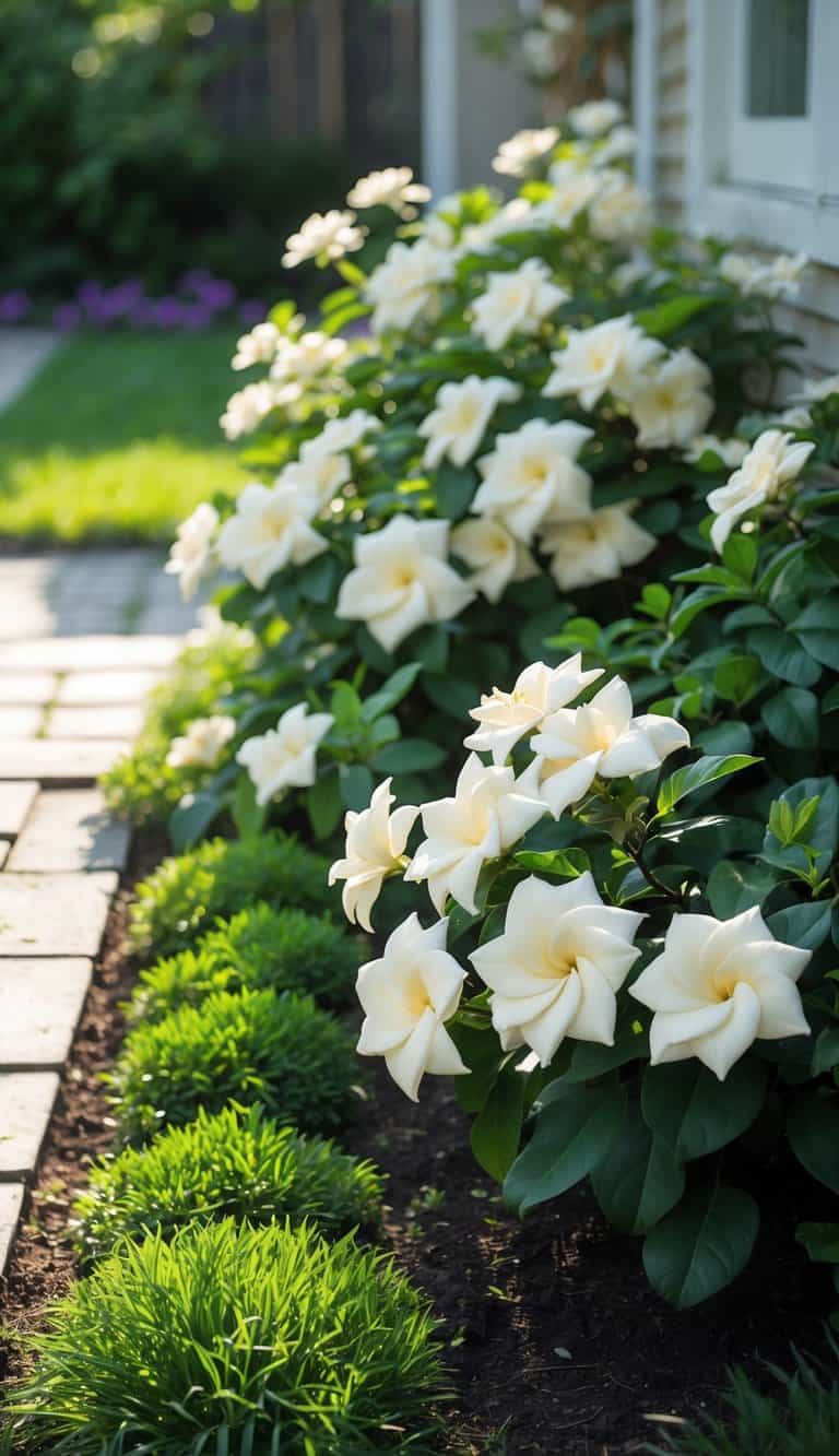 A home garden flower bed with blooming gardenias and jasmine plants under bright natural sunlight.