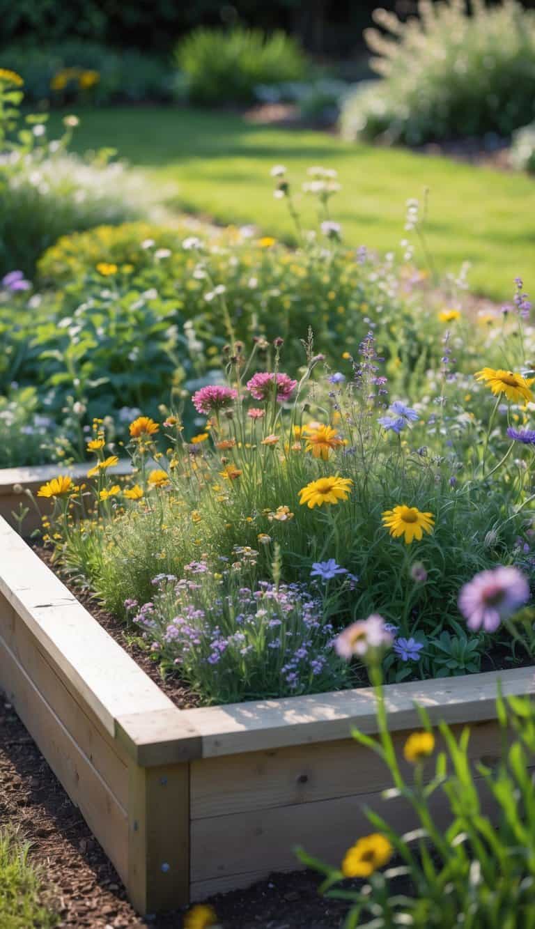 A semi-wide view of a home garden with a raised flower bed filled with wildflowers under bright sunlight.