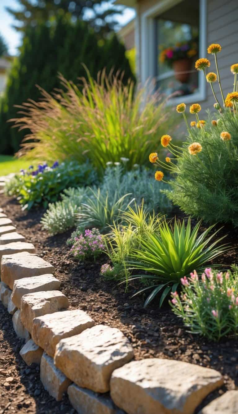 A home garden with a native flower bed edged by rough-cut stones, filled with colorful flowers and plants under bright sunlight.