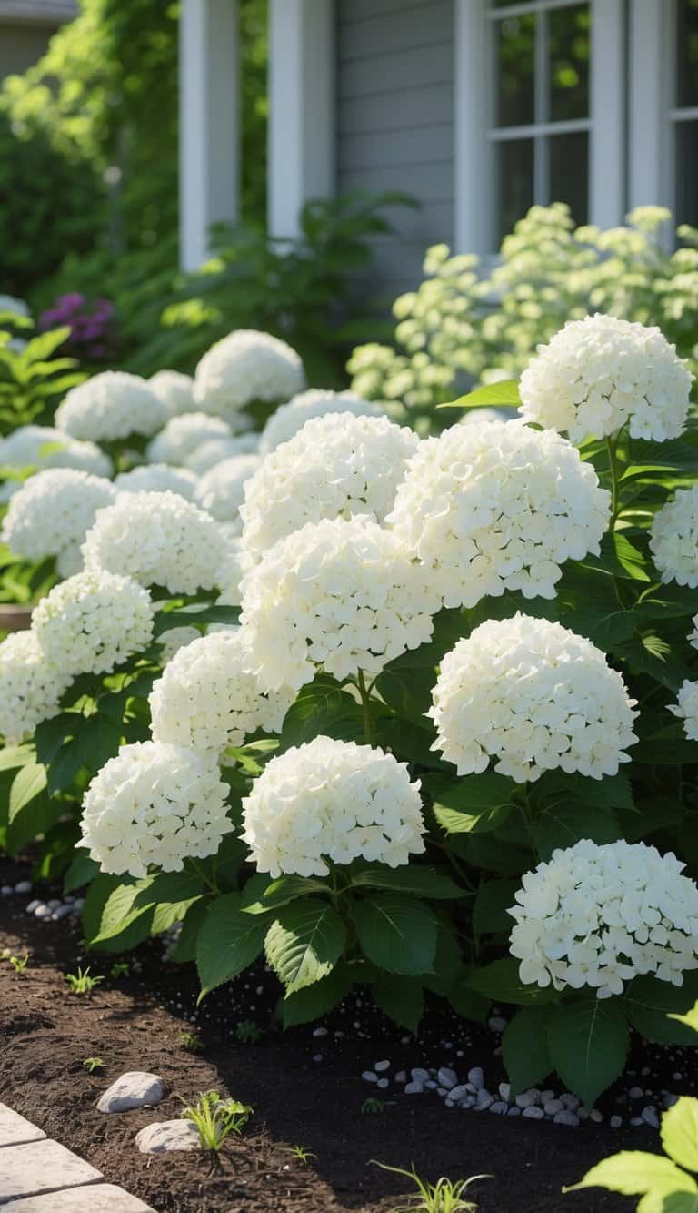 A home garden with a white hydrangea flower bed in bright natural sunlight.