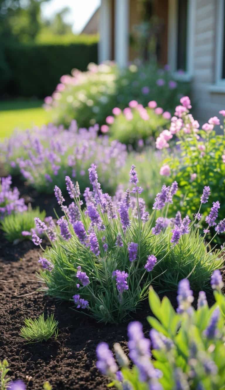 A home garden with a flower bed of blooming lavender and phlox plants under bright sunlight.