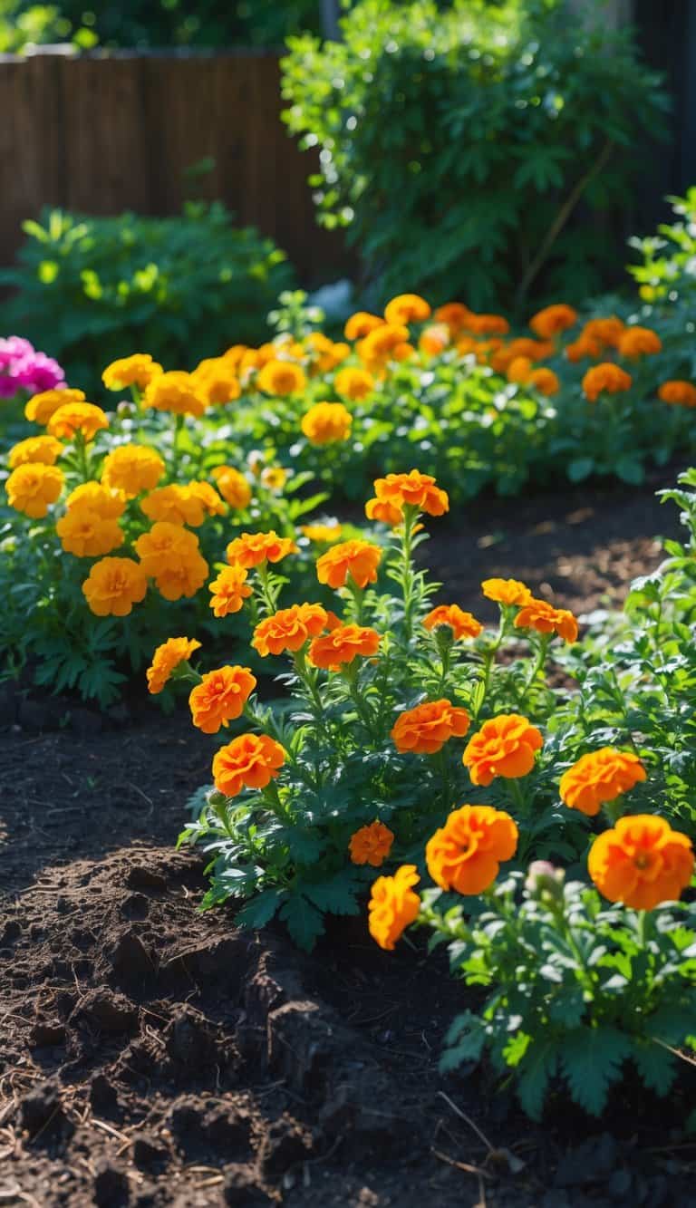 A home garden with a flower bed full of bright marigold and petunia flowers under natural sunlight.