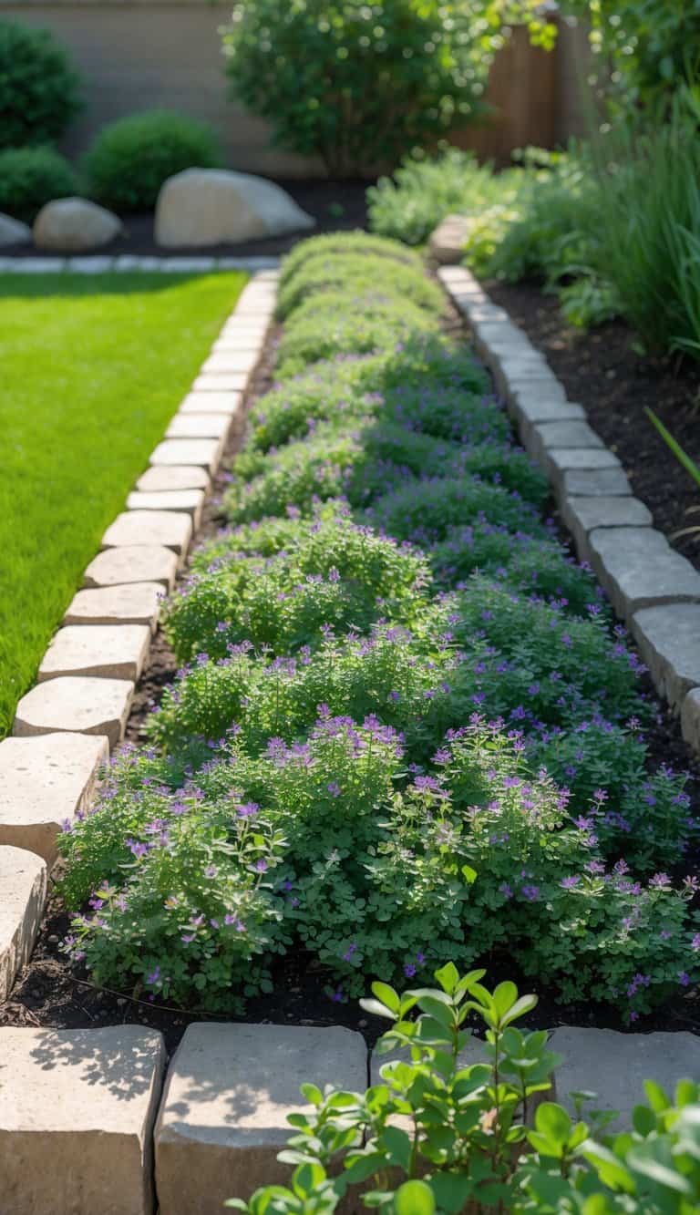 A home garden with a low-growing flower bed filled with creeping thyme under bright natural sunlight.