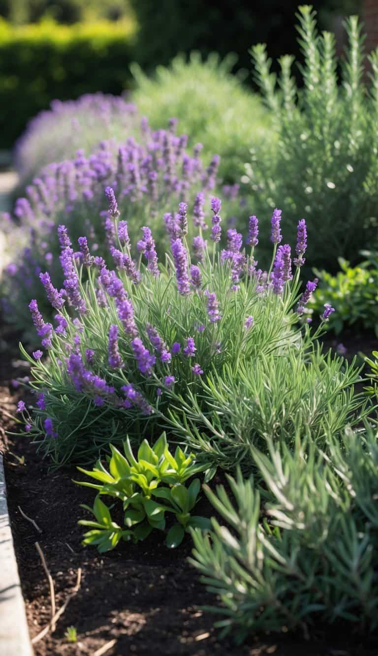 A home garden flower bed with blooming lavender and rosemary plants under bright sunlight.