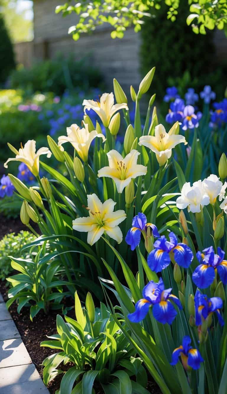A home garden flower bed with blooming daylilies and irises under bright sunlight.