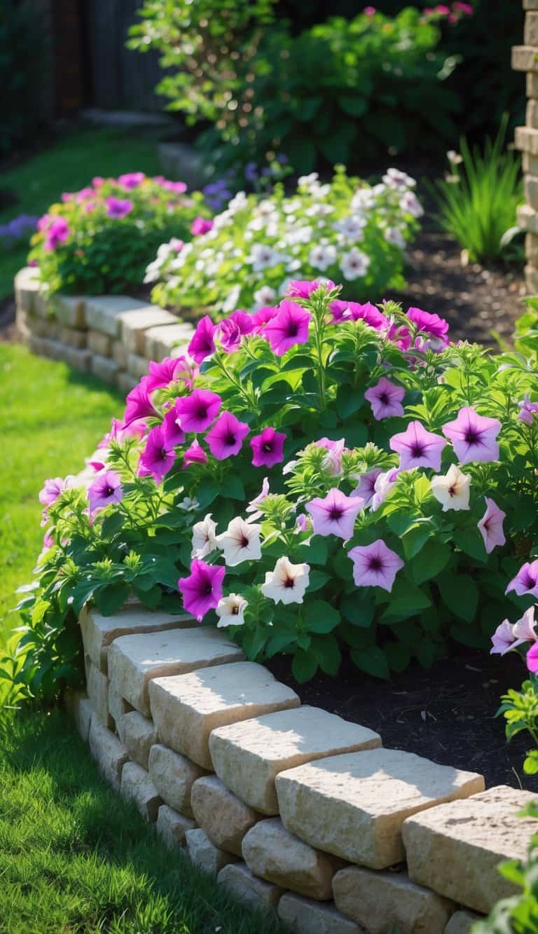 A home garden with a raised flower bed filled with cascading petunias in pink, purple, and white under bright sunlight.