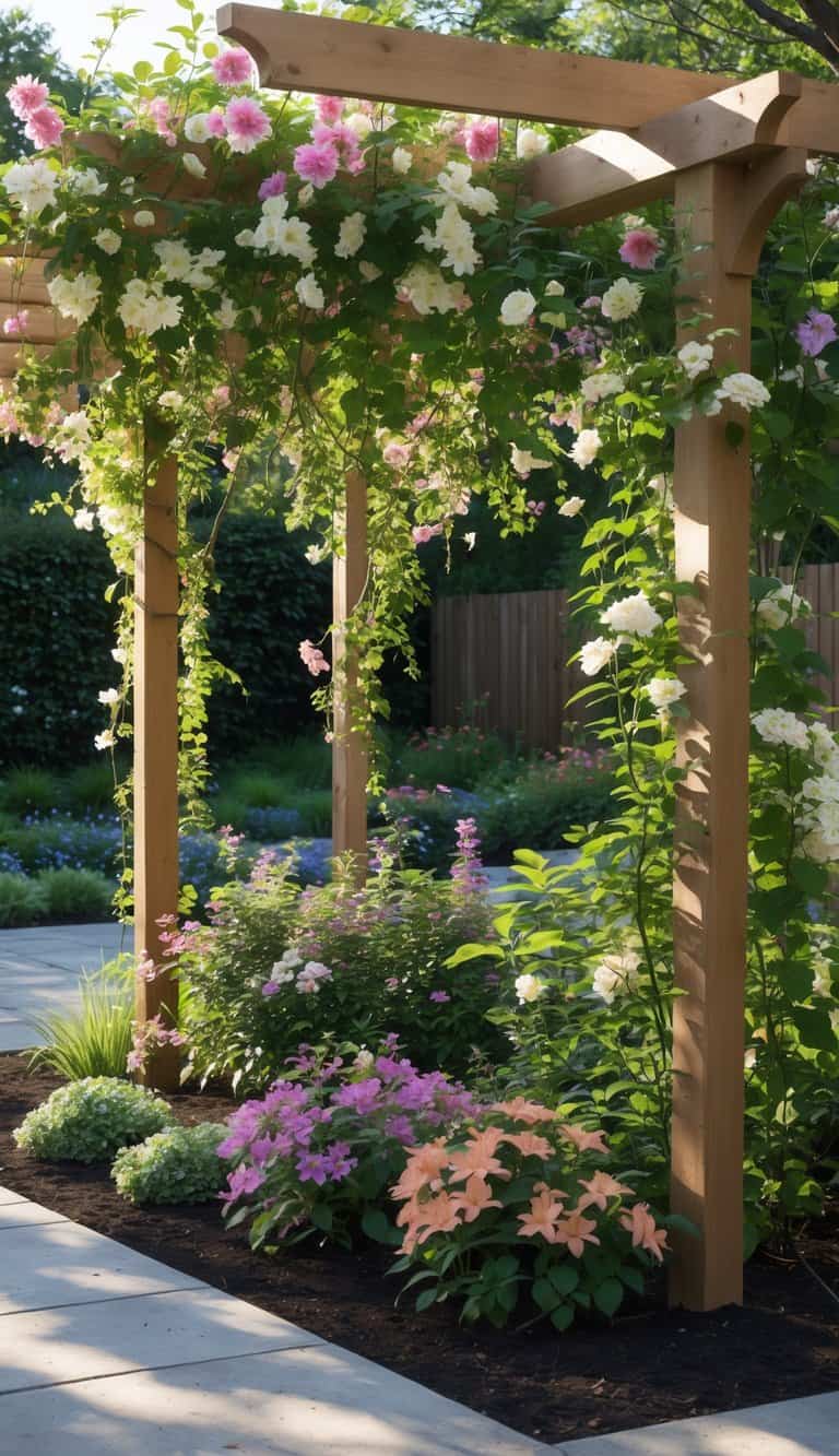 A home garden with a wooden pergola covered in flowering climbing vines surrounding a colorful flower bed under bright sunlight.