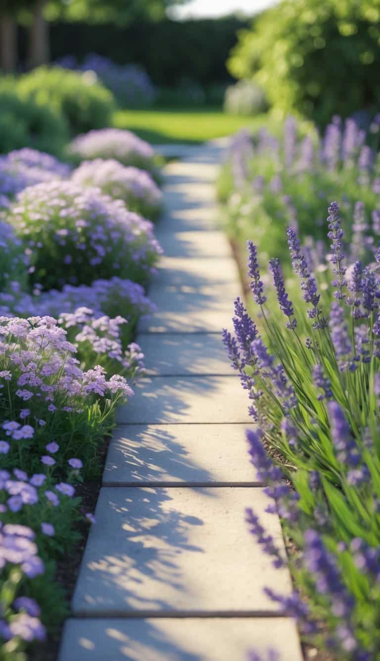 A garden pathway lined with alyssum and lavender flower beds in a home garden under bright sunlight.