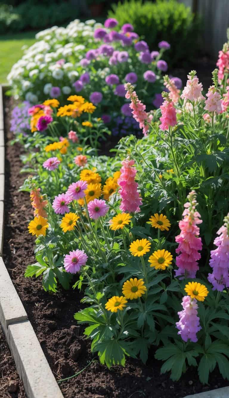 A flower bed in a home garden with mixed daisies and snapdragons under bright sunlight.