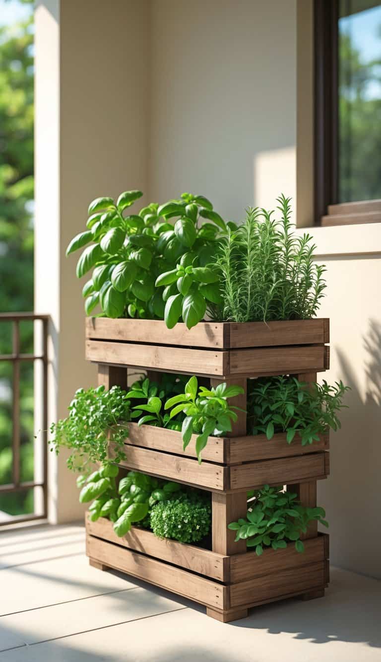 A tiered wooden crate planter with various fresh herbs growing in a small home garden space, brightly lit by natural sunlight.