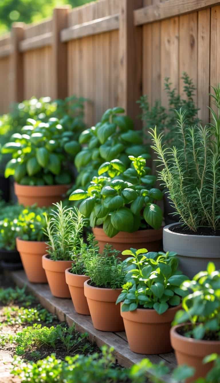 A small home garden with herb planters arranged against a wooden fence under bright natural sunlight.