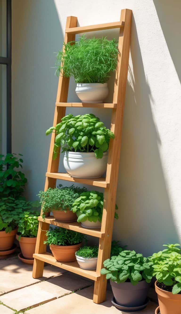 A wooden ladder with several potted herbs leaning against an exterior wall in a small home garden under bright sunlight.