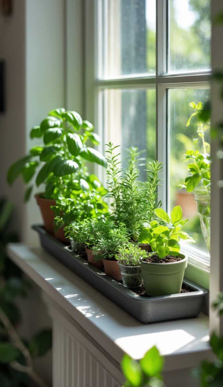 A narrow windowsill tray with several potted herb plants bathed in bright natural sunlight inside a home.