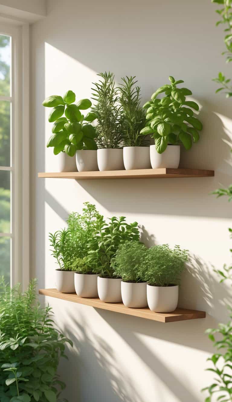 A floating shelf mounted on a wall holding several pots of healthy herb plants in a home garden setting.
