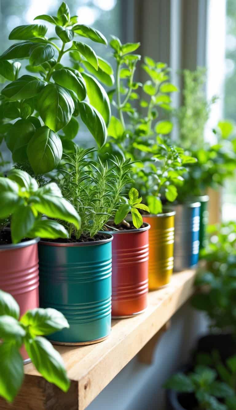 A home garden with various fresh herbs growing in painted tin cans arranged neatly on a wooden shelf in bright natural sunlight.