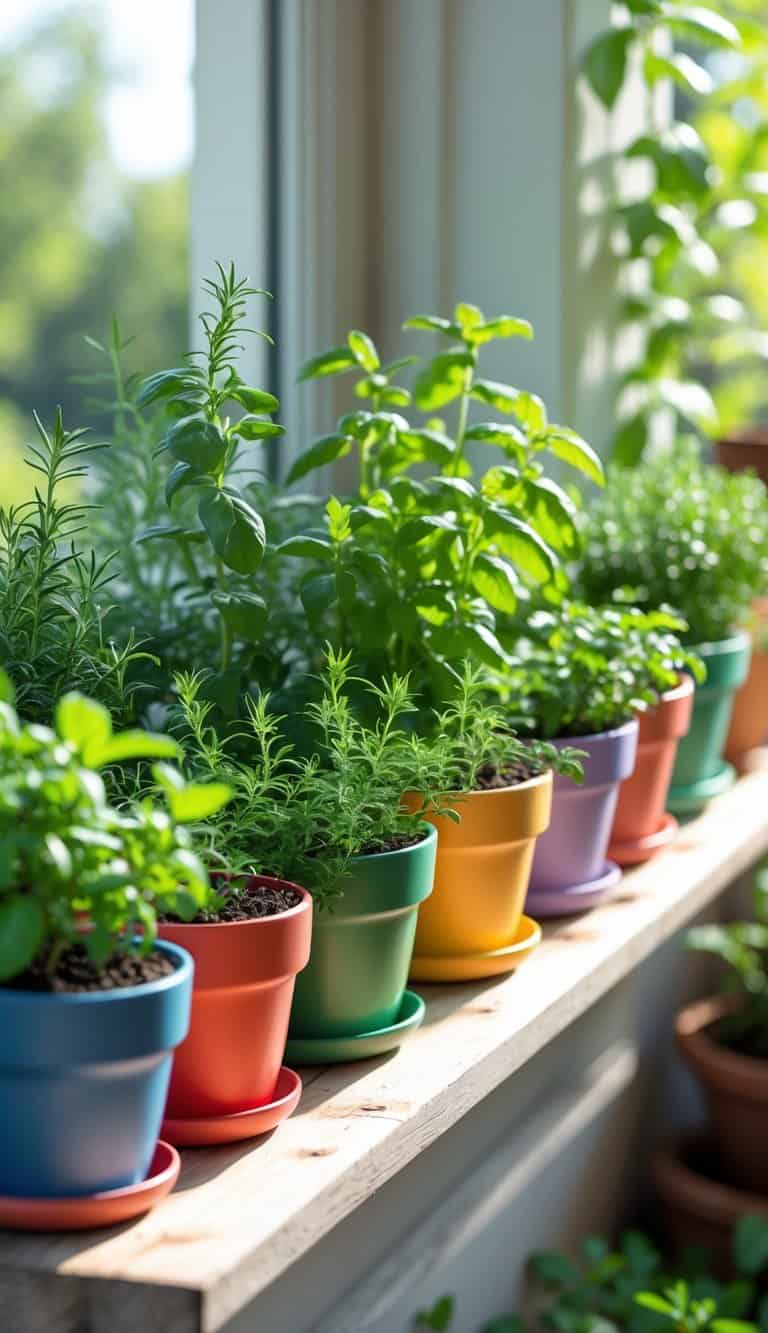 A small home garden with various herbs growing in colorful painted pots arranged neatly on a wooden shelf in bright natural sunlight.