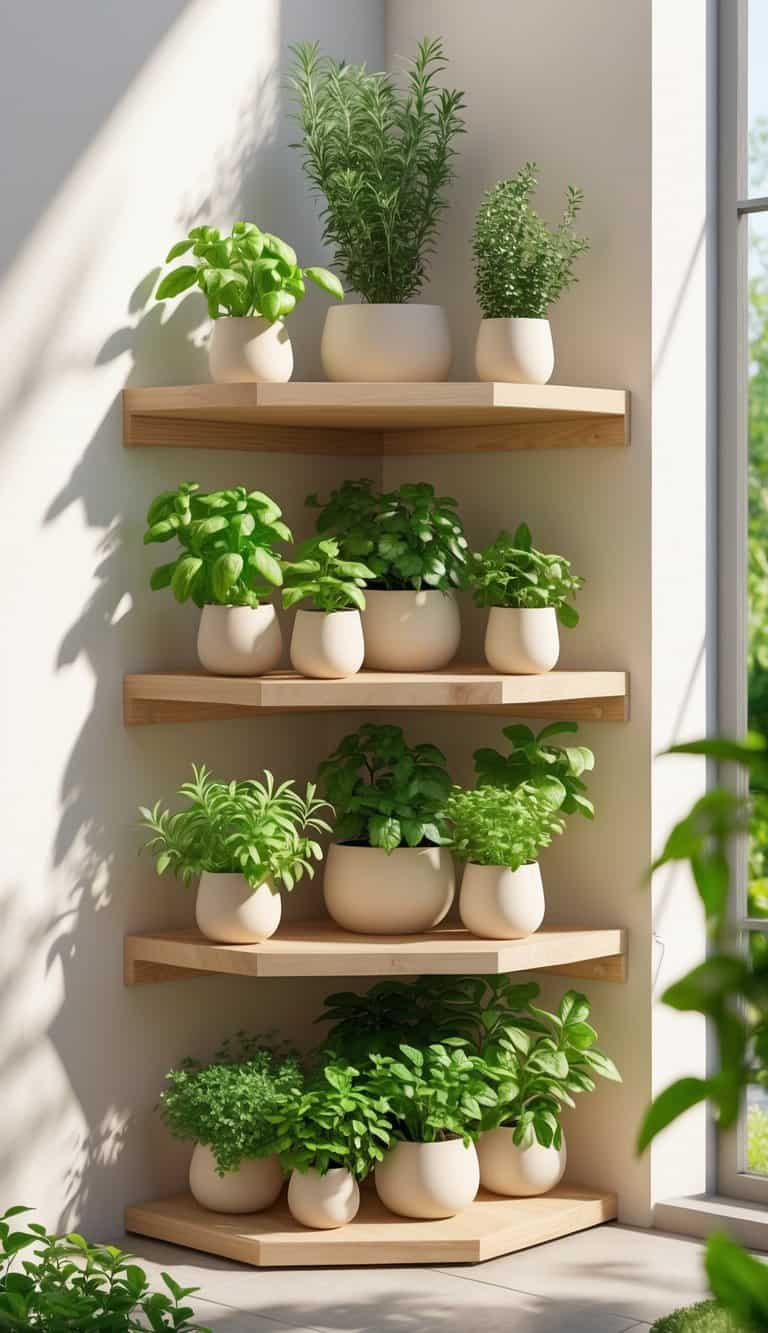 A corner shelf in a home with several pots of green herb plants arranged on wooden shelves, illuminated by bright natural sunlight.