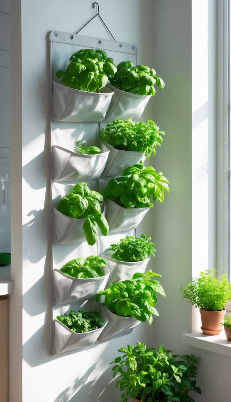 A hanging shoe organizer used as a vertical herb garden with various green herbs growing in its pockets, placed indoors near a window with bright natural light.