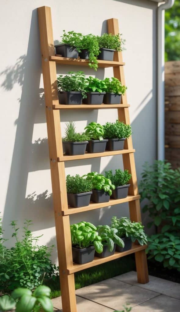 A wooden vertical garden stand against a white wall, holding several pots with various herbs and plants, bathed in sunlight.