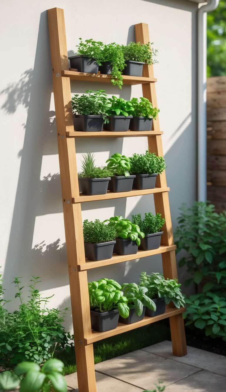 A wooden vertical garden stand against a white wall, holding several pots with various herbs and plants, bathed in sunlight.