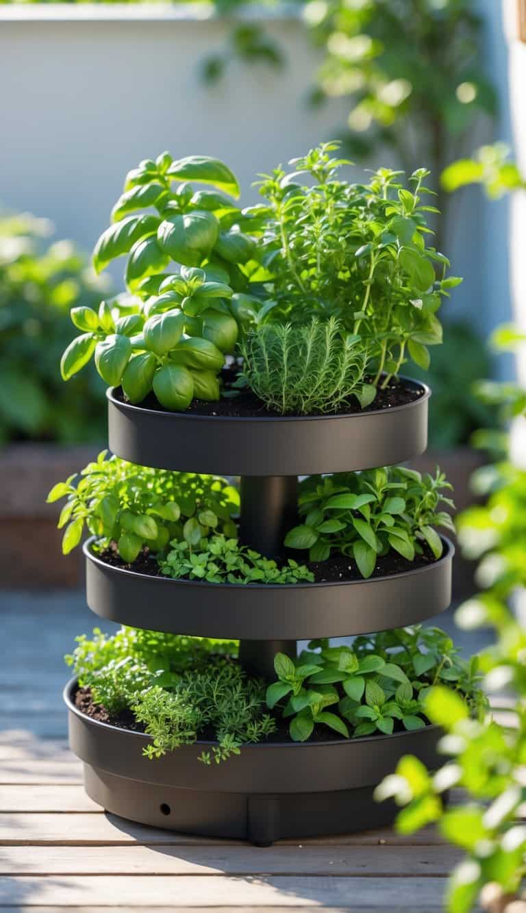A compact round tiered herb stand filled with various green herbs in a bright home garden setting.