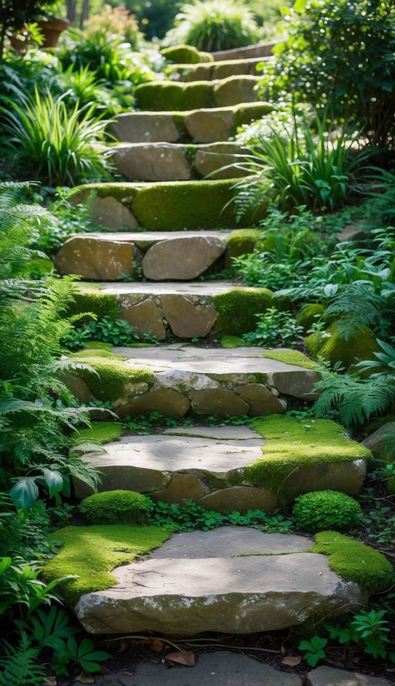 A flight of natural stone steps with moss growing between the stones, surrounded by green plants in a garden.