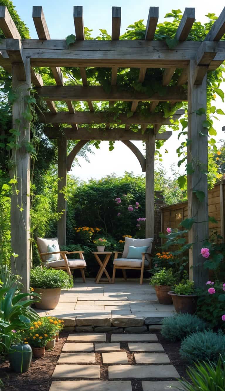 A garden corner with a rustic wooden pergola covered in climbing plants, shaded seating area, and surrounding flowers and greenery.