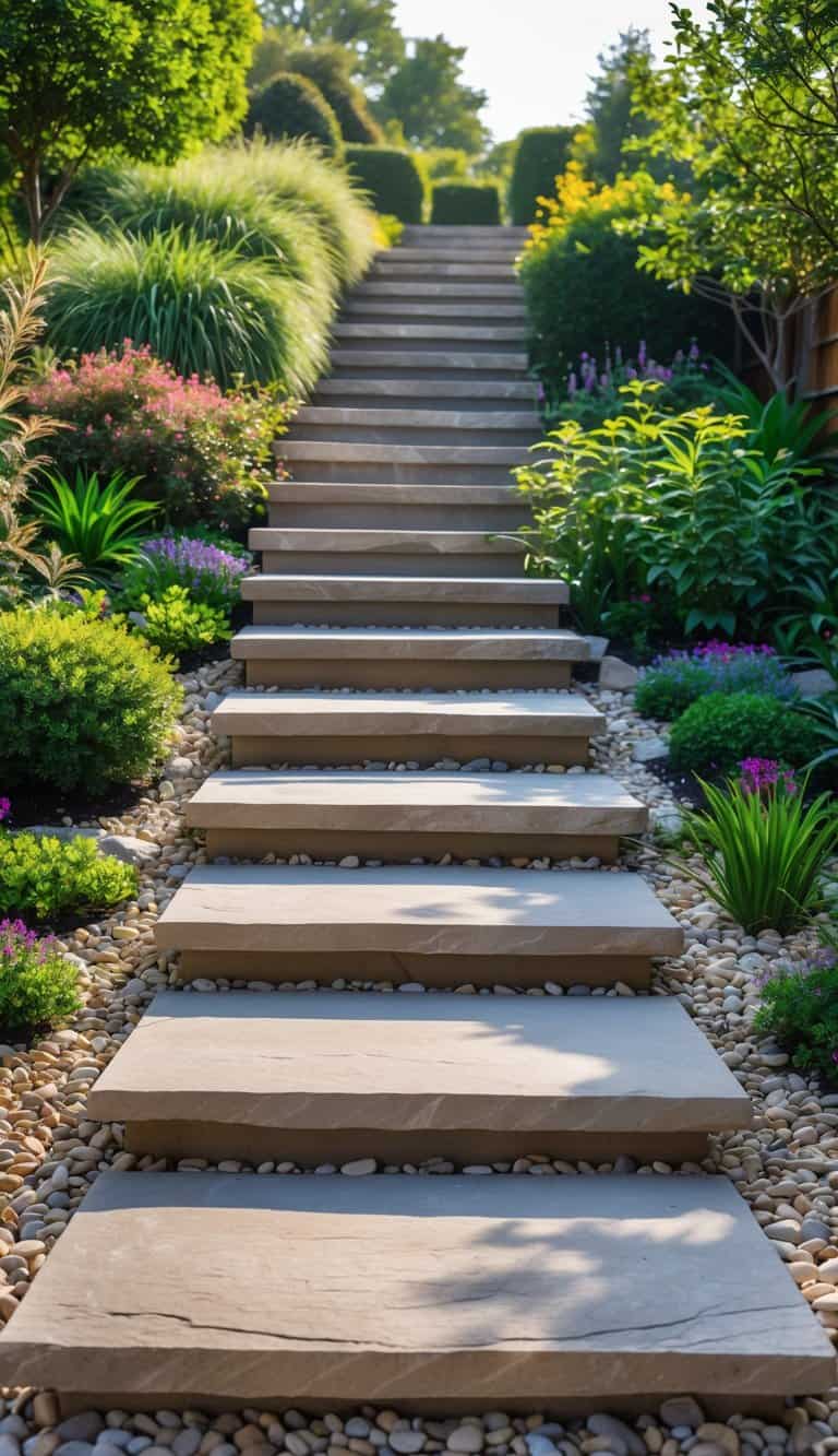 Outdoor garden stairs made of wide stone slabs bordered by small pebbles, surrounded by green plants and flowers.