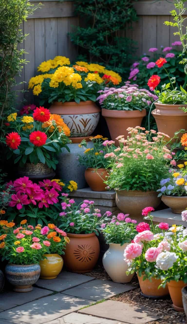 A corner garden with various decorative pots and containers filled with colorful seasonal flowers and green plants.