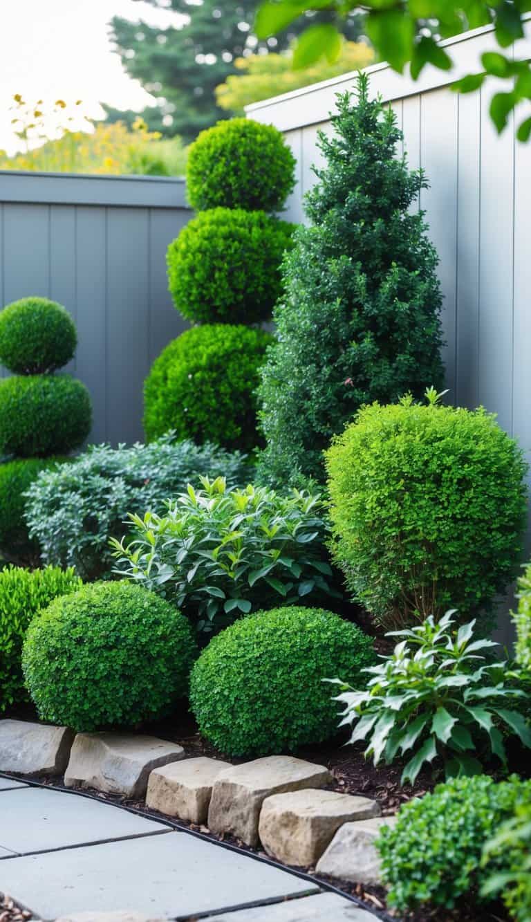 A corner garden with a variety of green evergreen shrubs arranged neatly with stone edging and mulch, creating a lush and inviting outdoor space.