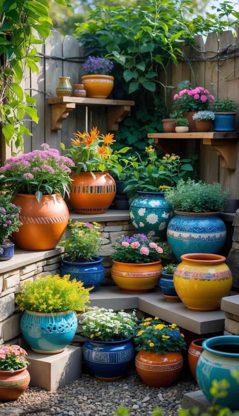 A garden corner with colorful ceramic pots filled with seasonal plants and flowers arranged on shelves and the ground.