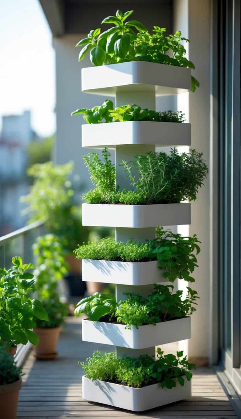 A vertical stack of modular planters filled with various fresh green herbs on a balcony.