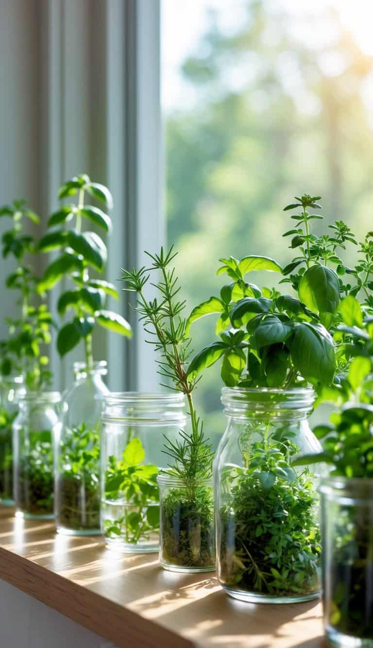 Indoor herb garden with various clear glass containers holding green herbs on a wooden windowsill lit by natural sunlight.