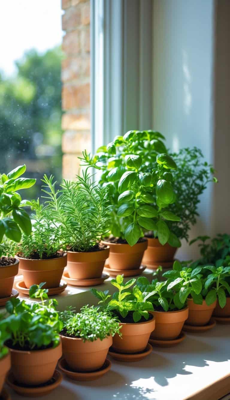 A windowsill with small terracotta pots growing various green herbs in a compact indoor garden.