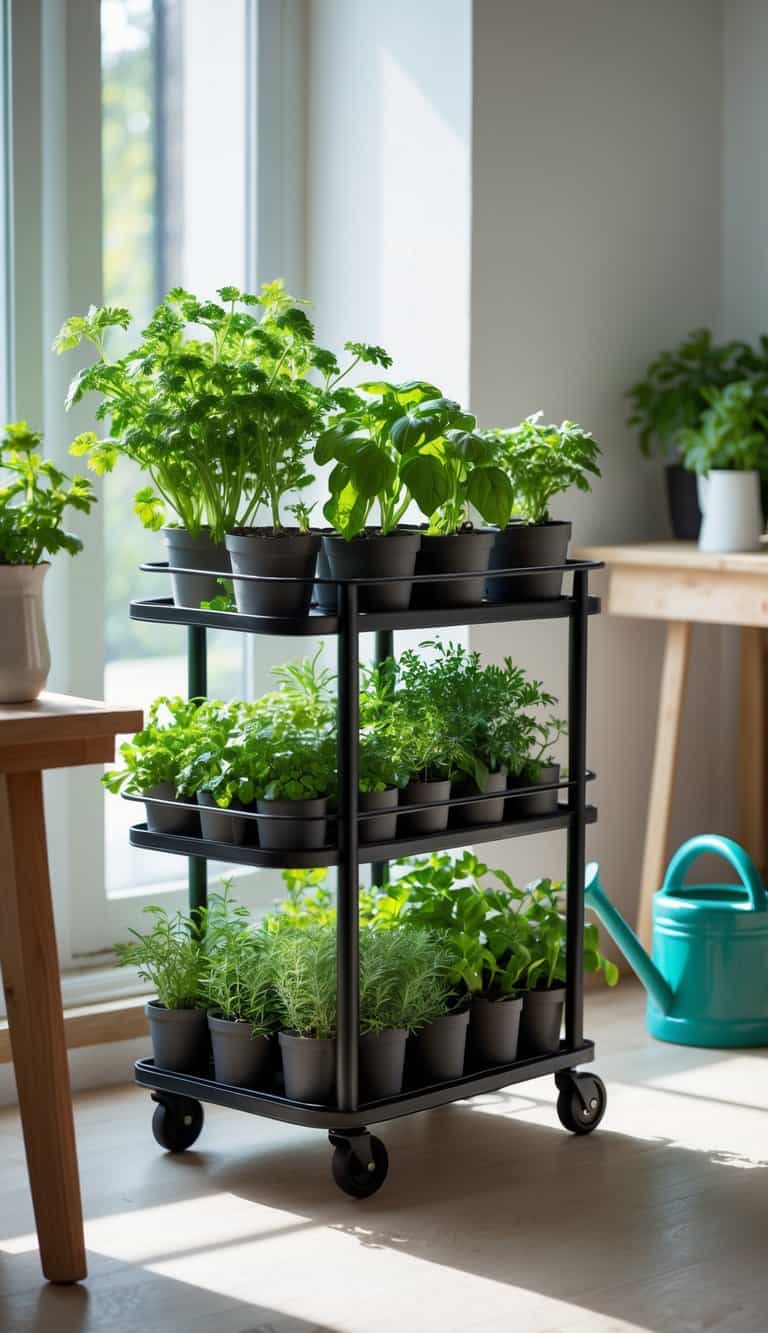 A small rolling cart holding multiple pots of fresh green herbs placed indoors near a window.