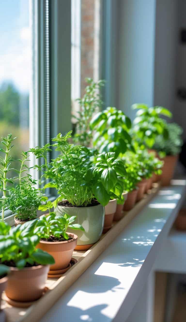 A narrow windowsill shelf with several small potted herbs growing in sunlight.