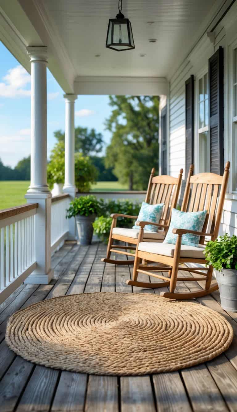 A farmhouse front porch with a round braided seagrass rug, wooden rocking chairs, potted plants, and a view of a green lawn.
