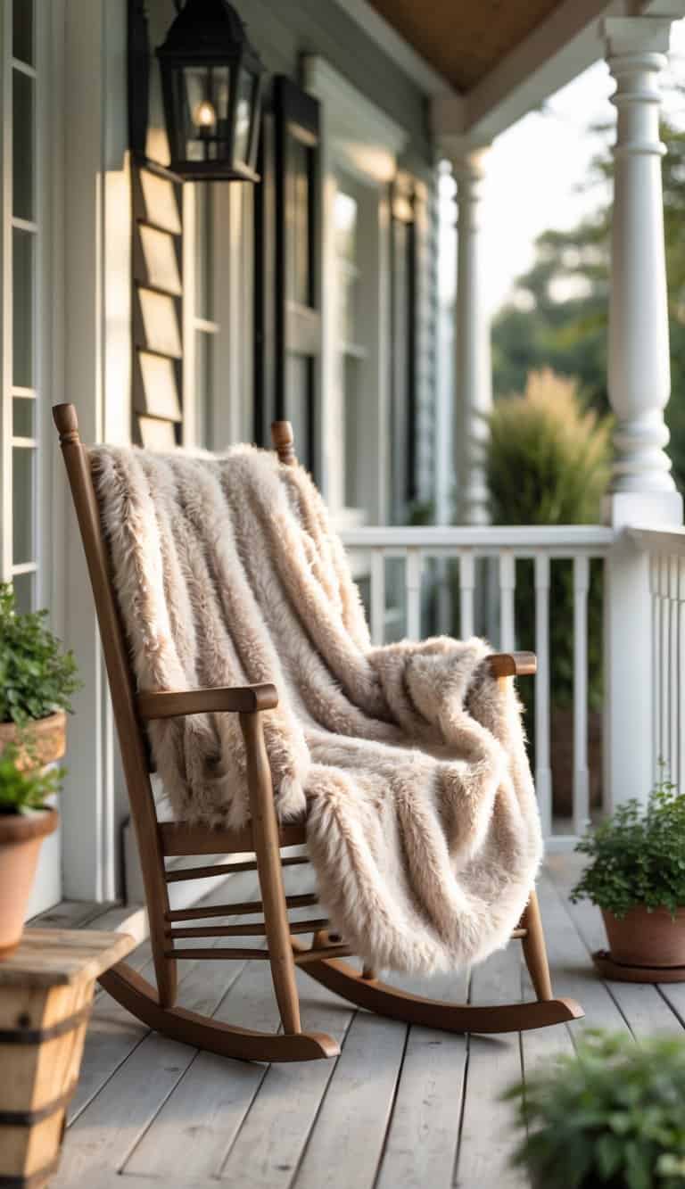 A cozy farmhouse front porch with a wooden rocking chair draped with a soft faux fur throw.