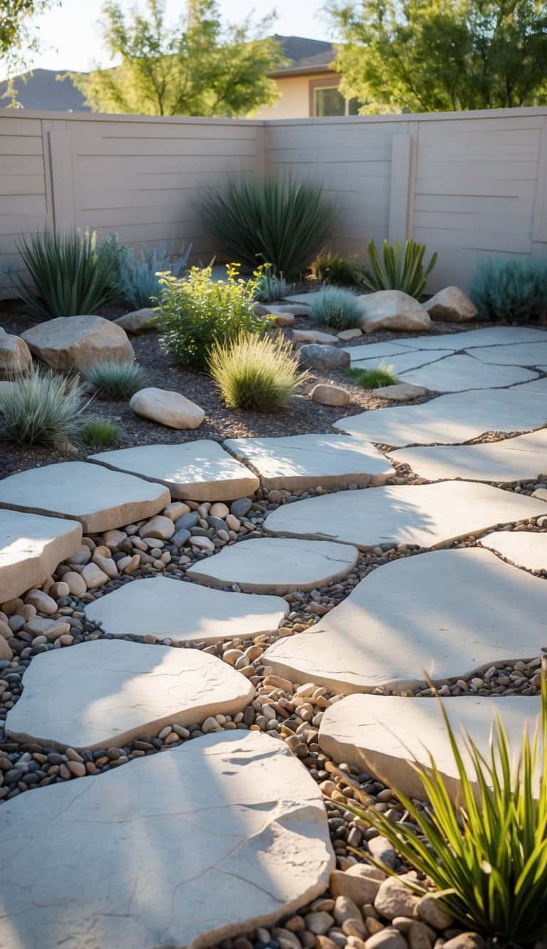 Backyard patio with flagstone paving and river rock inlays surrounded by plants and rocks, with no grass visible.