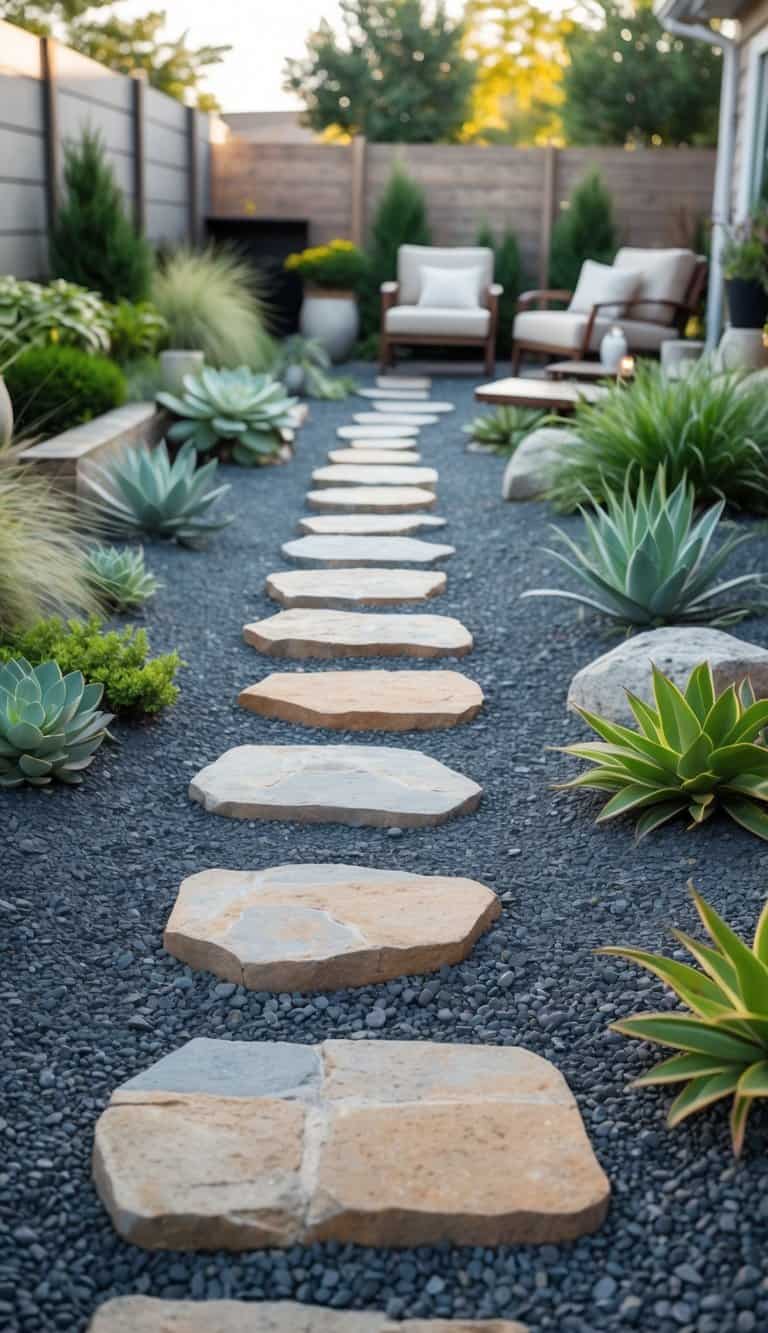 A backyard with gravel pathways and natural stone stepping stones surrounded by plants and outdoor furniture, without any grass.