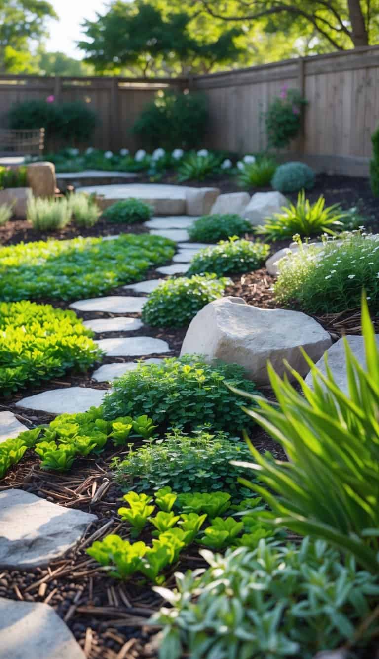 A backyard garden featuring various low-maintenance ground cover plants, stone pathways, and decorative rocks in a natural, green setting.