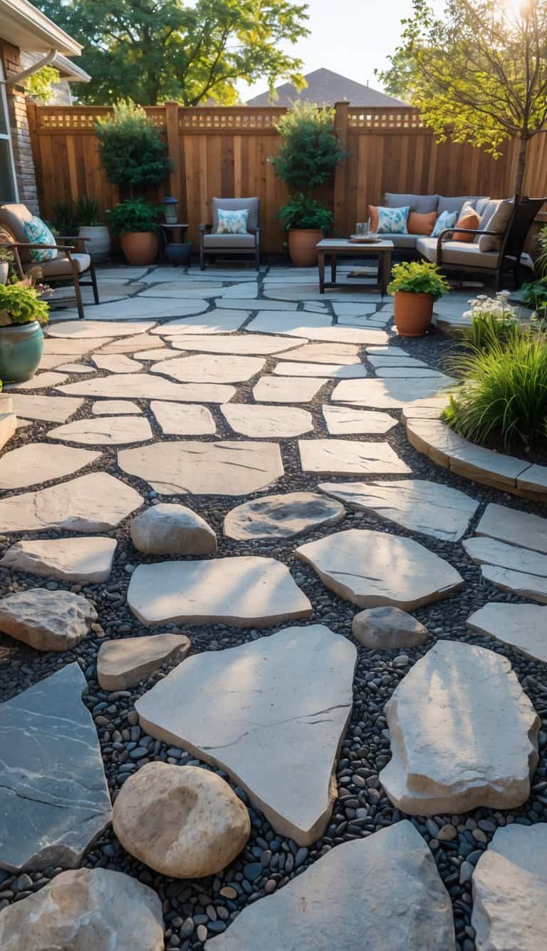 Backyard patio made of mixed river rocks and flagstone with outdoor furniture and plants, no grass visible.